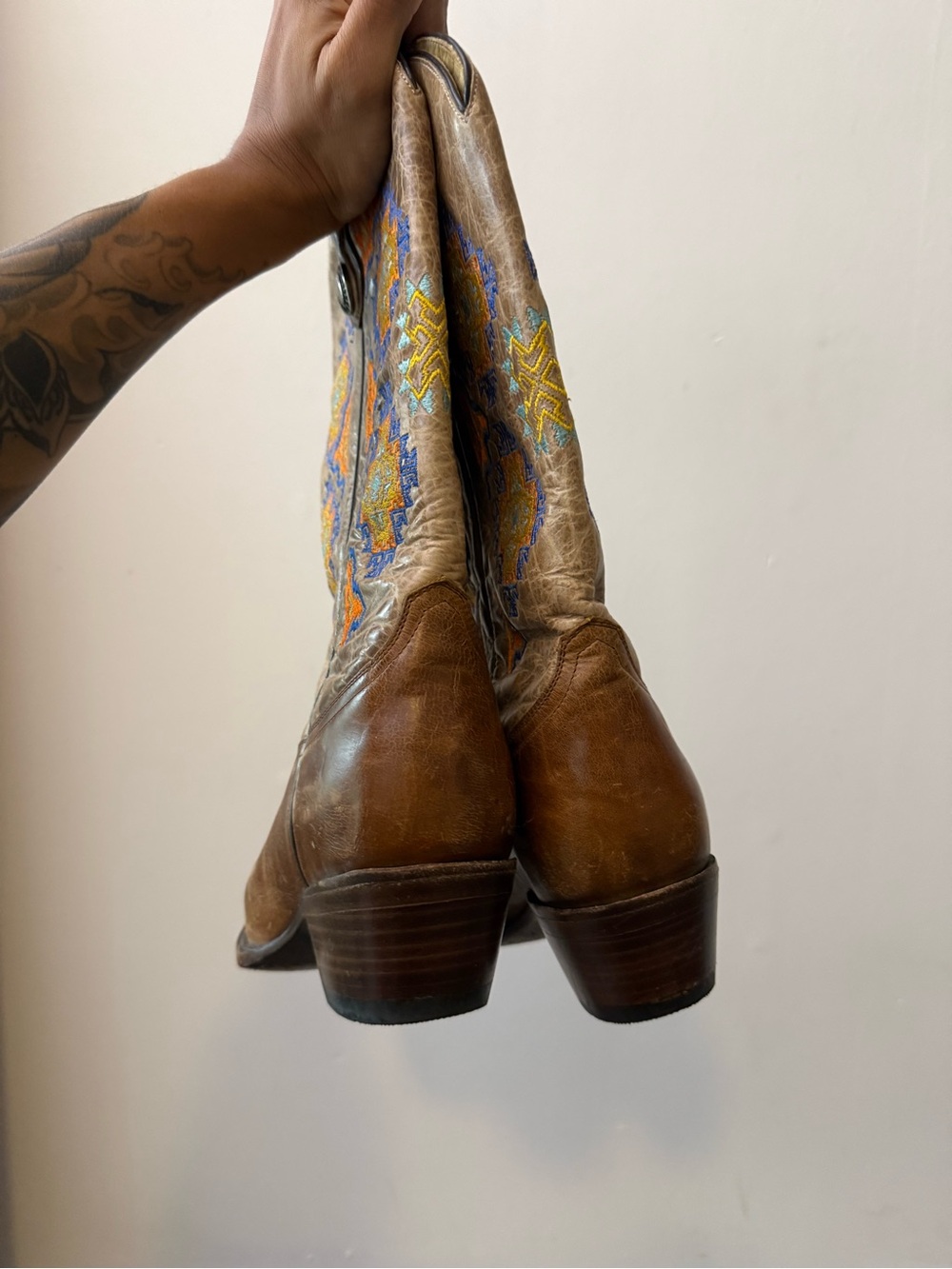 Corral Brown Leather Cowboy Boots with Blue & Yellow Embroidery and Silver - Picture 4 of 9